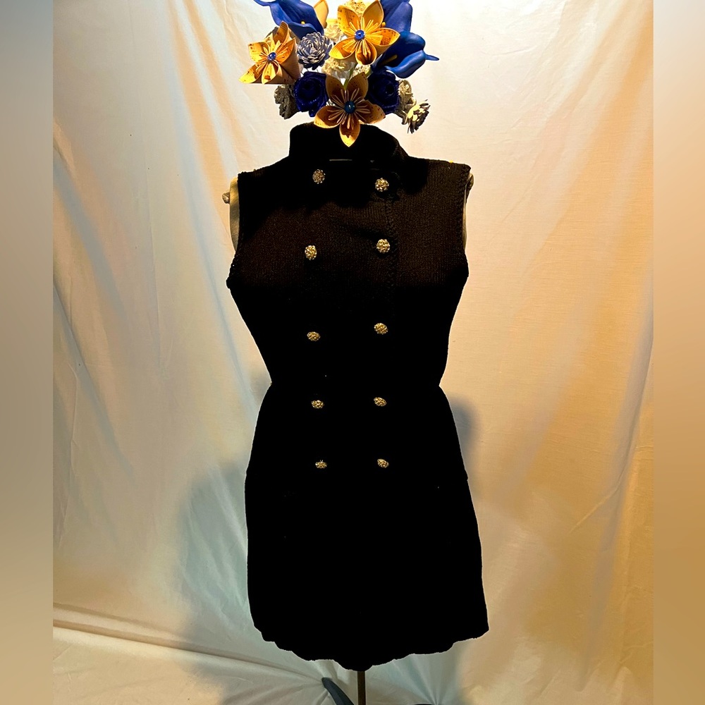 Vintage 60s Poly Rib Knit Drop Waist Mini Dress with original rhinestone buttons